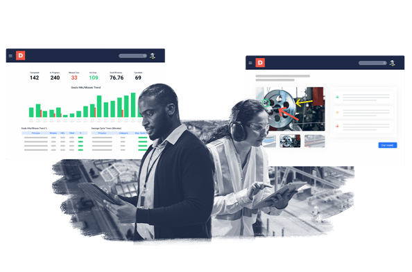 Two operators using Dozuki are reviewing dashboards.
