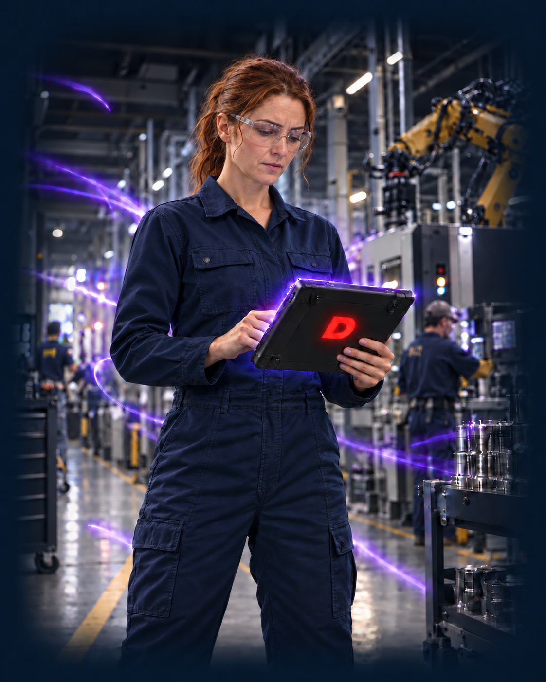 Manufacturing worker using a Dozuki tablet illuminated by Forge AI