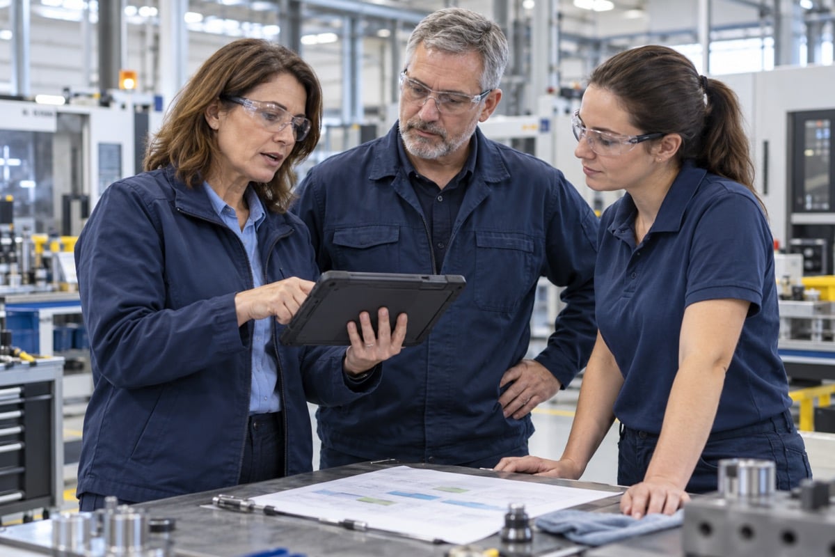 Illustrative implementation team reviewing a rollout plan together at a factory