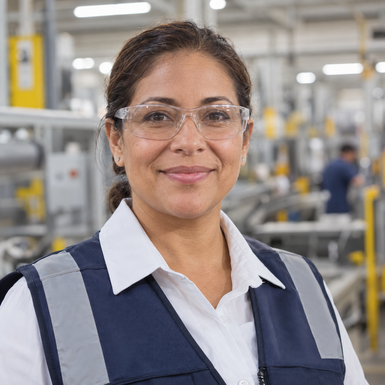 Trainer wearing safety glasses