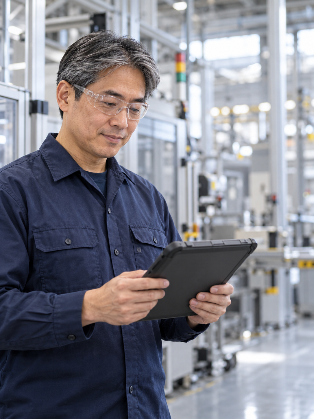 Worker holding a tablet beside manufacturing equipment