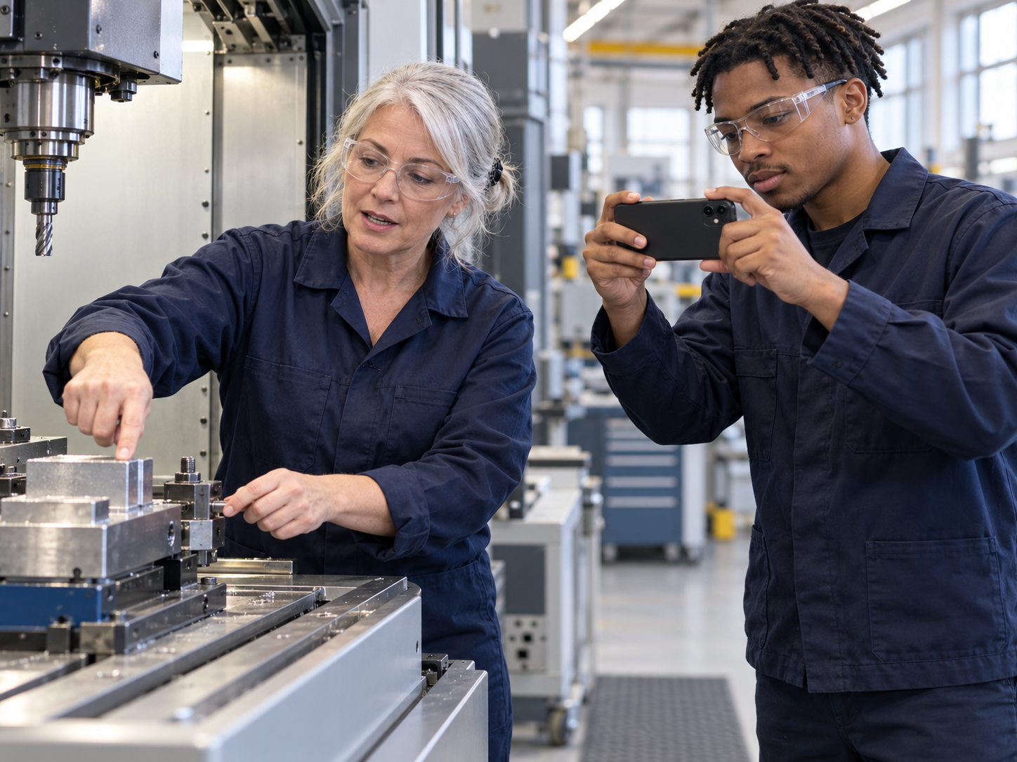 An expert demonstrating equipment operation while a colleague records the work