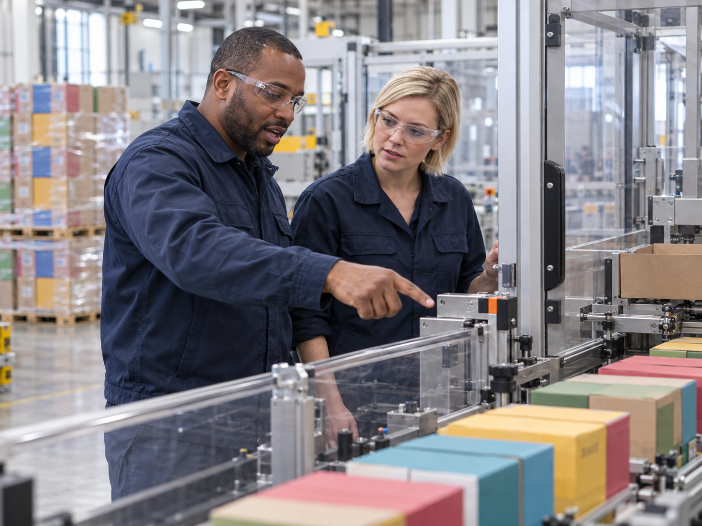 Manufacturing colleagues working with digital guidance on the factory floor