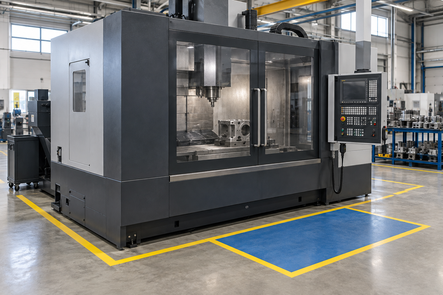 Enclosed CNC machine with marked operator position