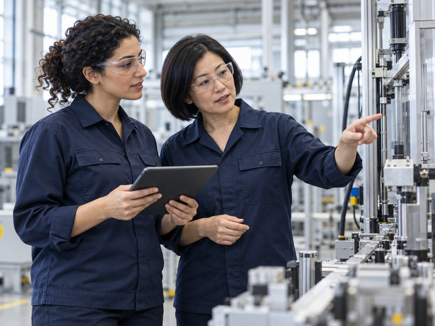 Manufacturing colleagues working with digital guidance on the factory floor