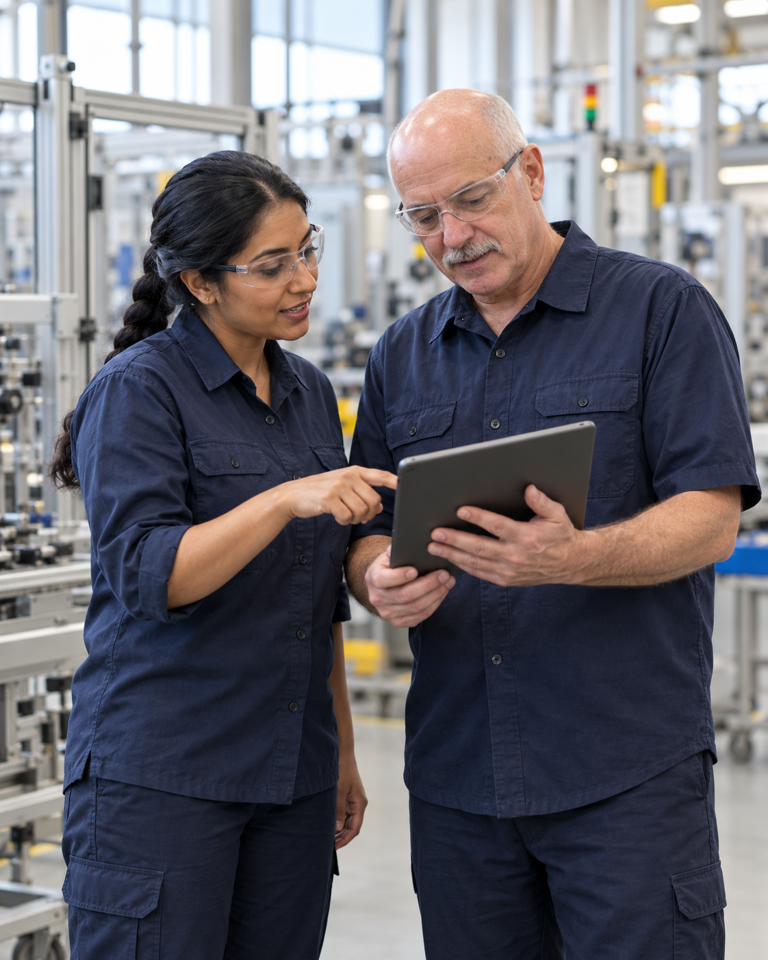 Two colleagues reviewing information on a tablet on the factory floor