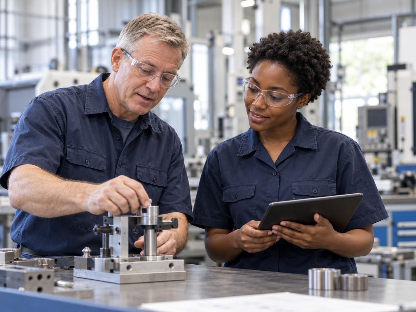Manufacturing colleagues working with digital guidance on the factory floor