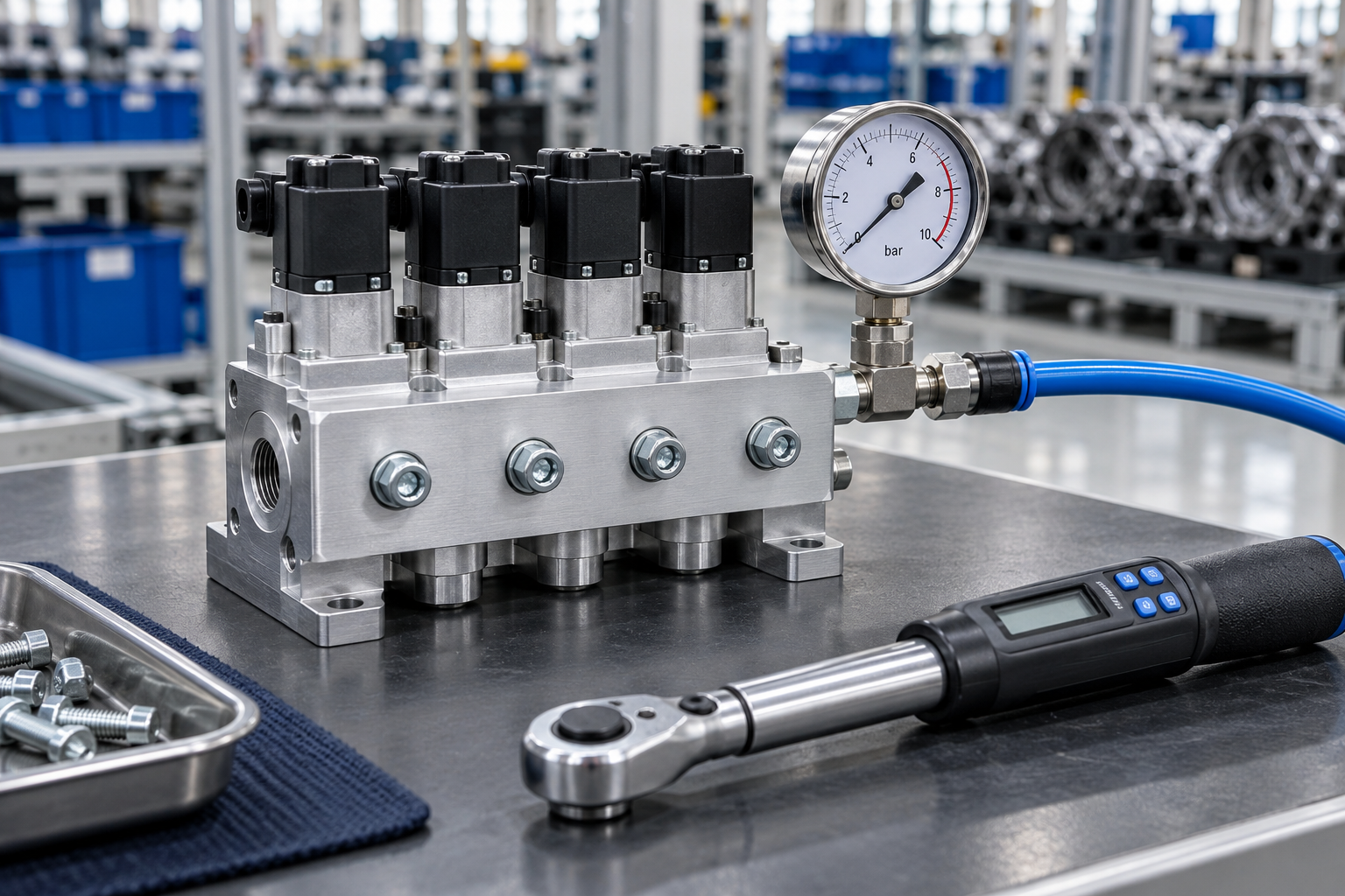 Finished pneumatic valve assembly with pressure gauge and torque wrench