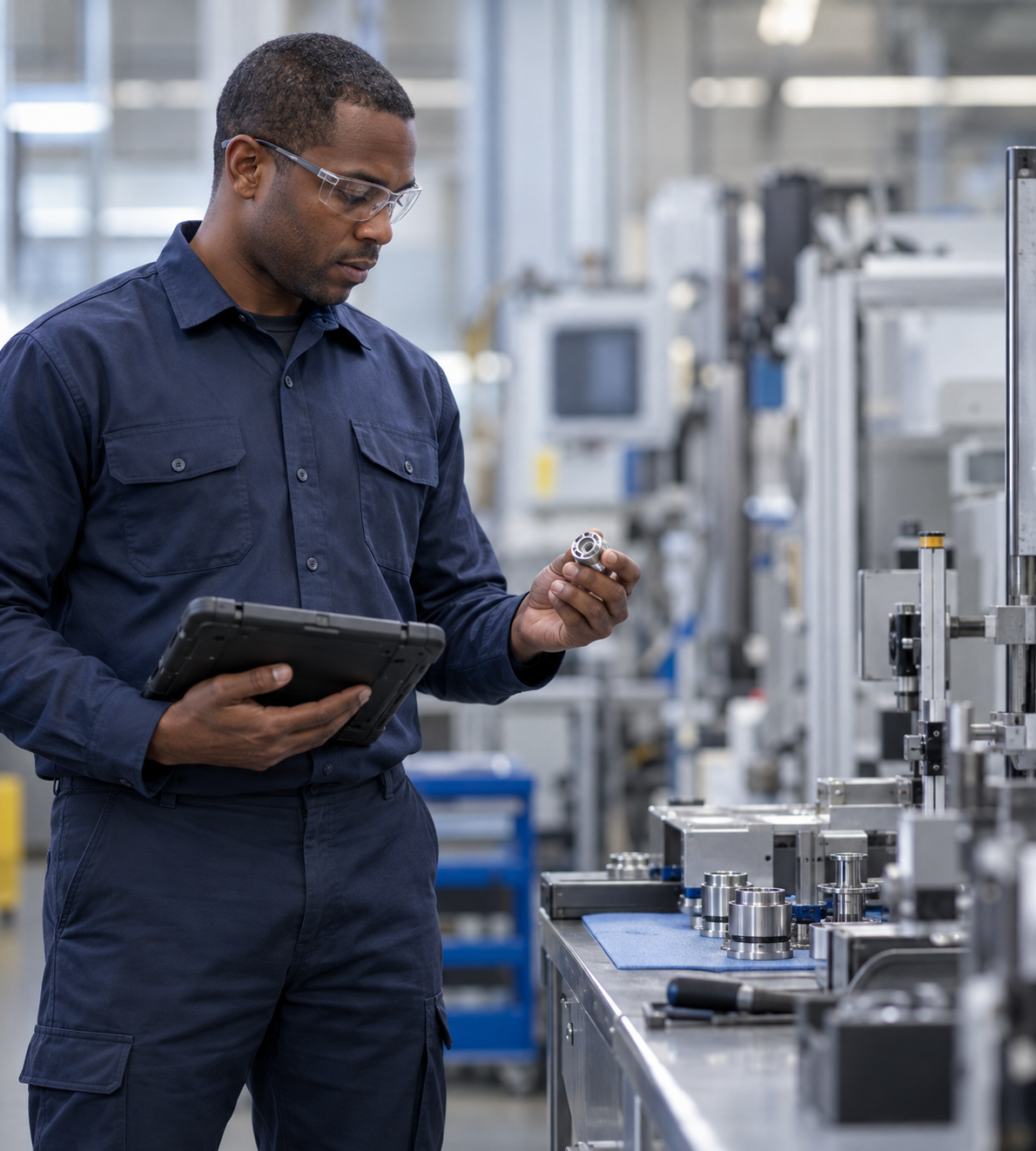 Manufacturing worker reviewing a component while holding a tablet