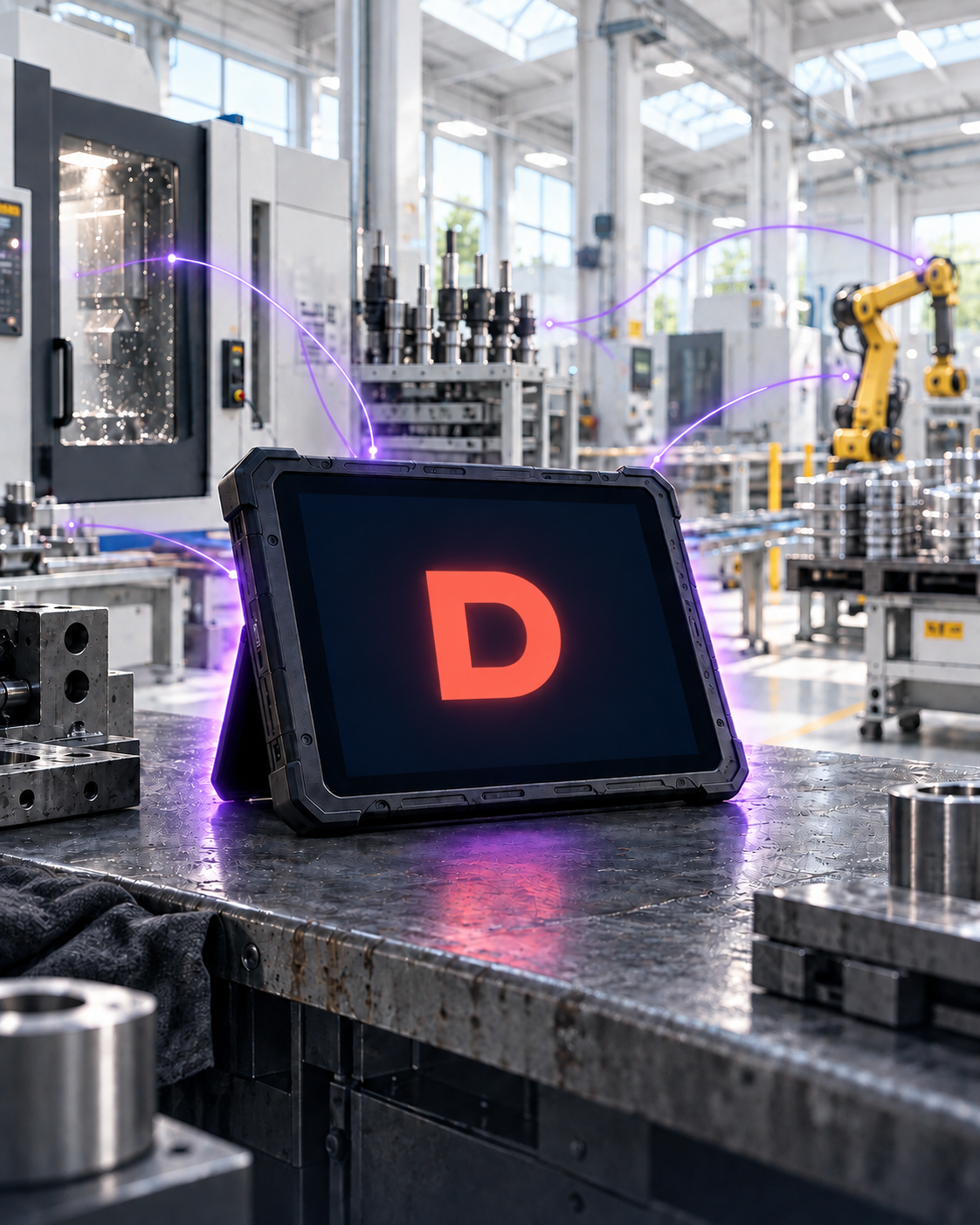 Dozuki tablet with purple illumination on a factory workbench
