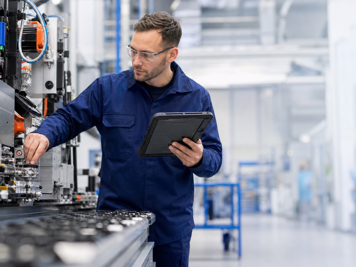 A frontline worker follows guidance on a rugged tablet at a production workstation