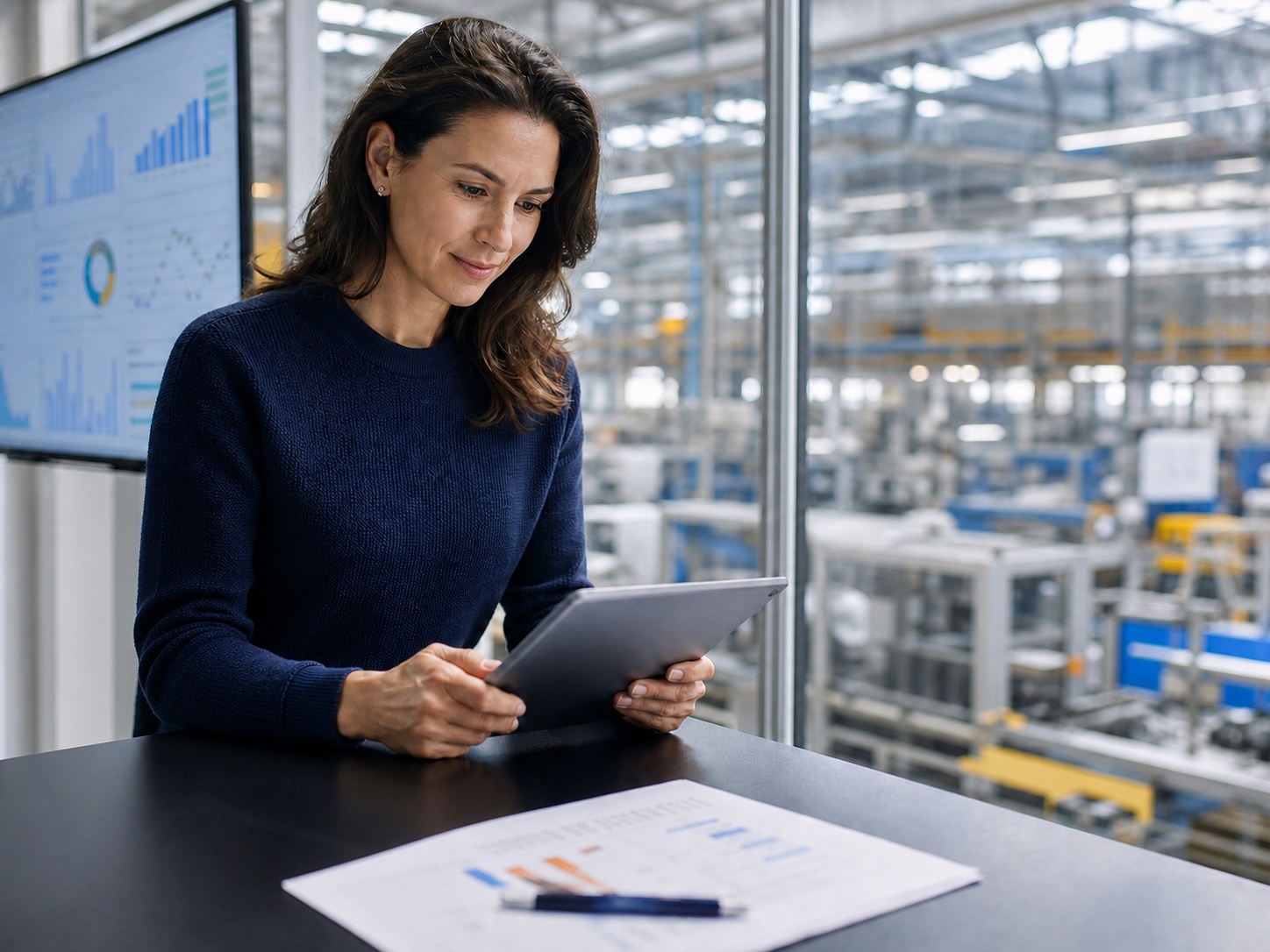 An operations leader reviews production data from an office overlooking a factory floor