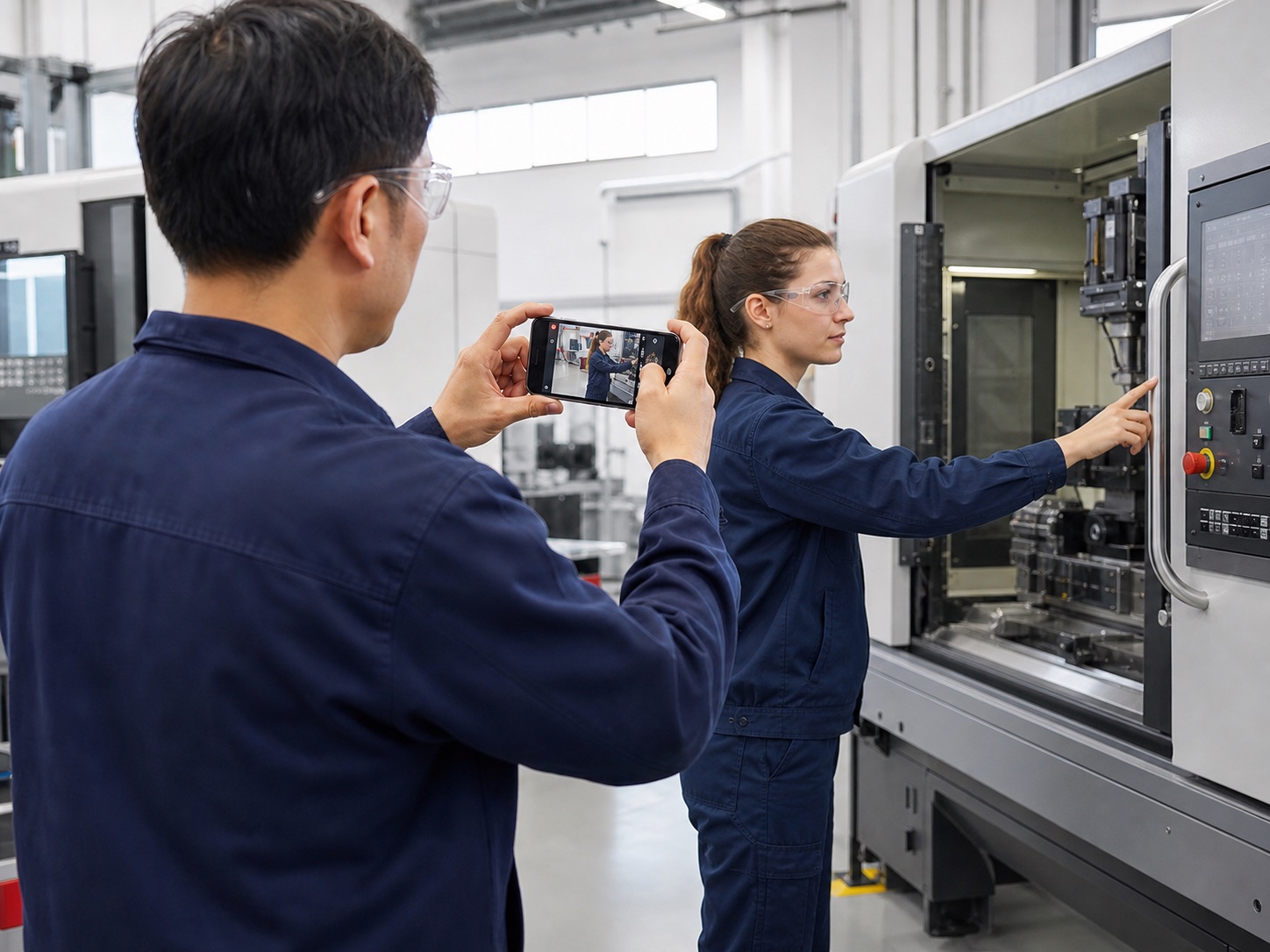 A worker records a colleague operating a large production machine in a bright factory