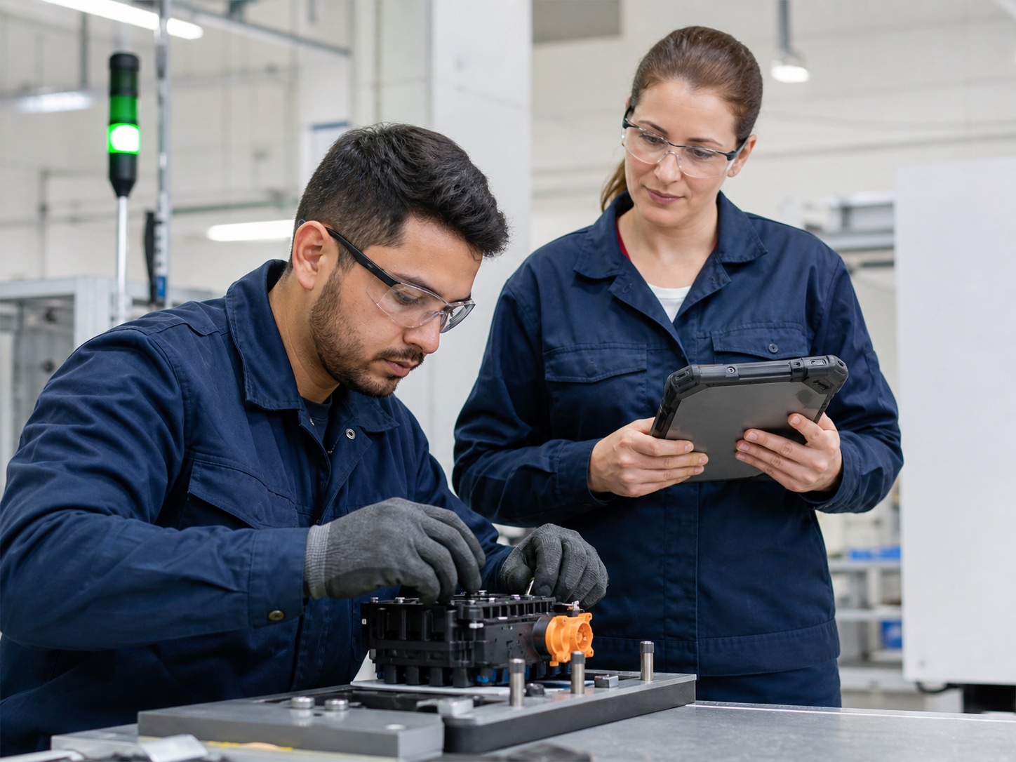 A trainer validates a worker performing an industrial assembly task