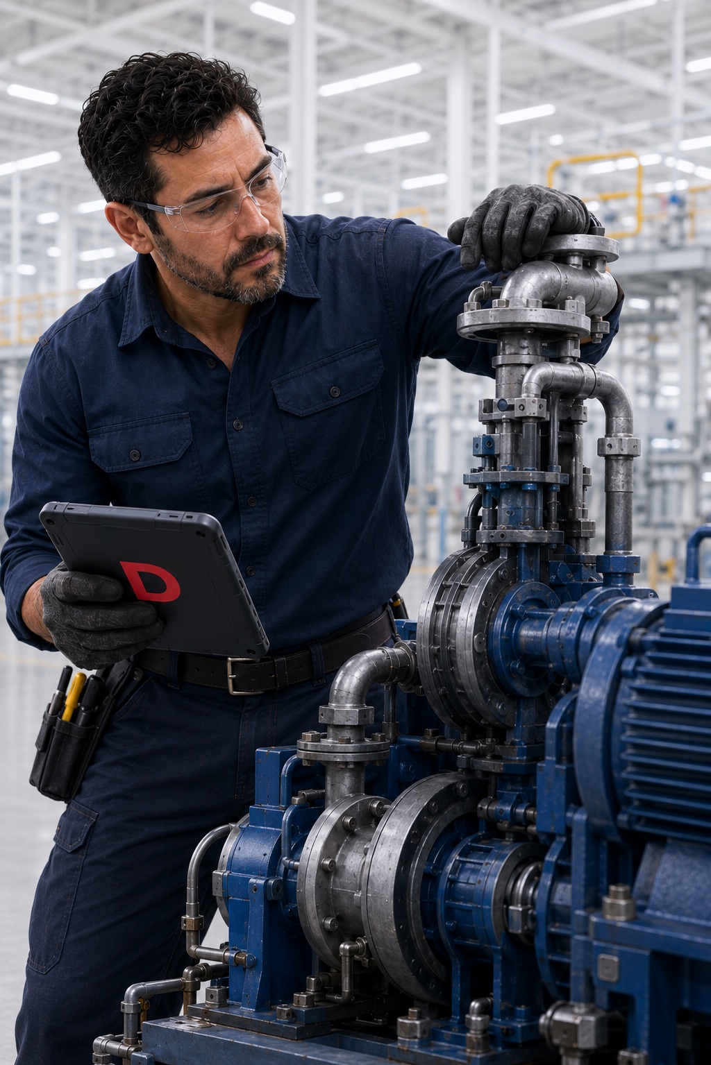 A maintenance professional using a tablet in an industrial environment